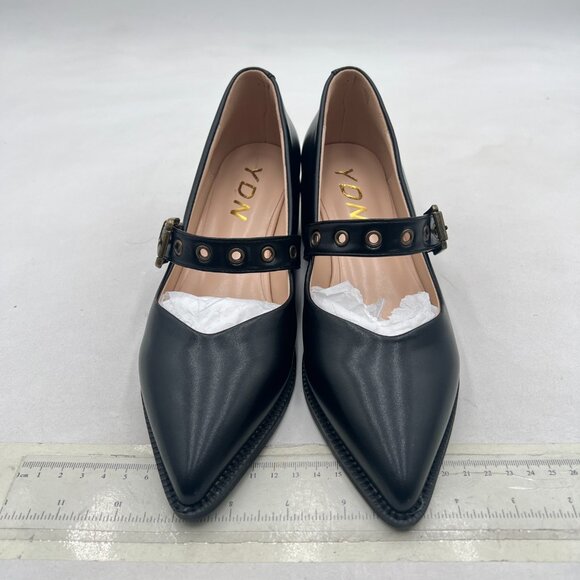 YDN Black Pumps Pointed Toe Mary Jane Chunky Heels Loafers Hollow Buckle Shoes - Picture 7 of 8